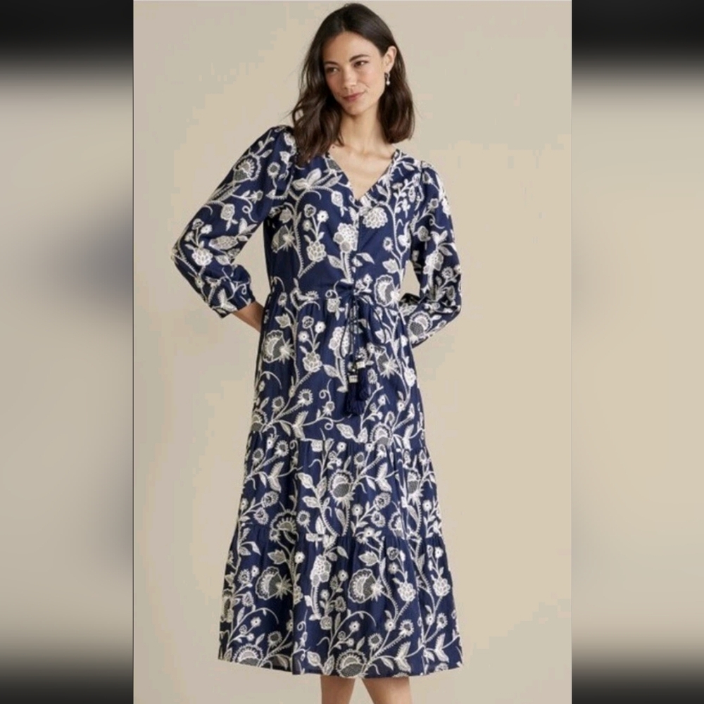 Soft Surroundings Tilda Whimsy Floral Navy Embroidered Boho Tiered Midi Sz M - Picture 2 of 11